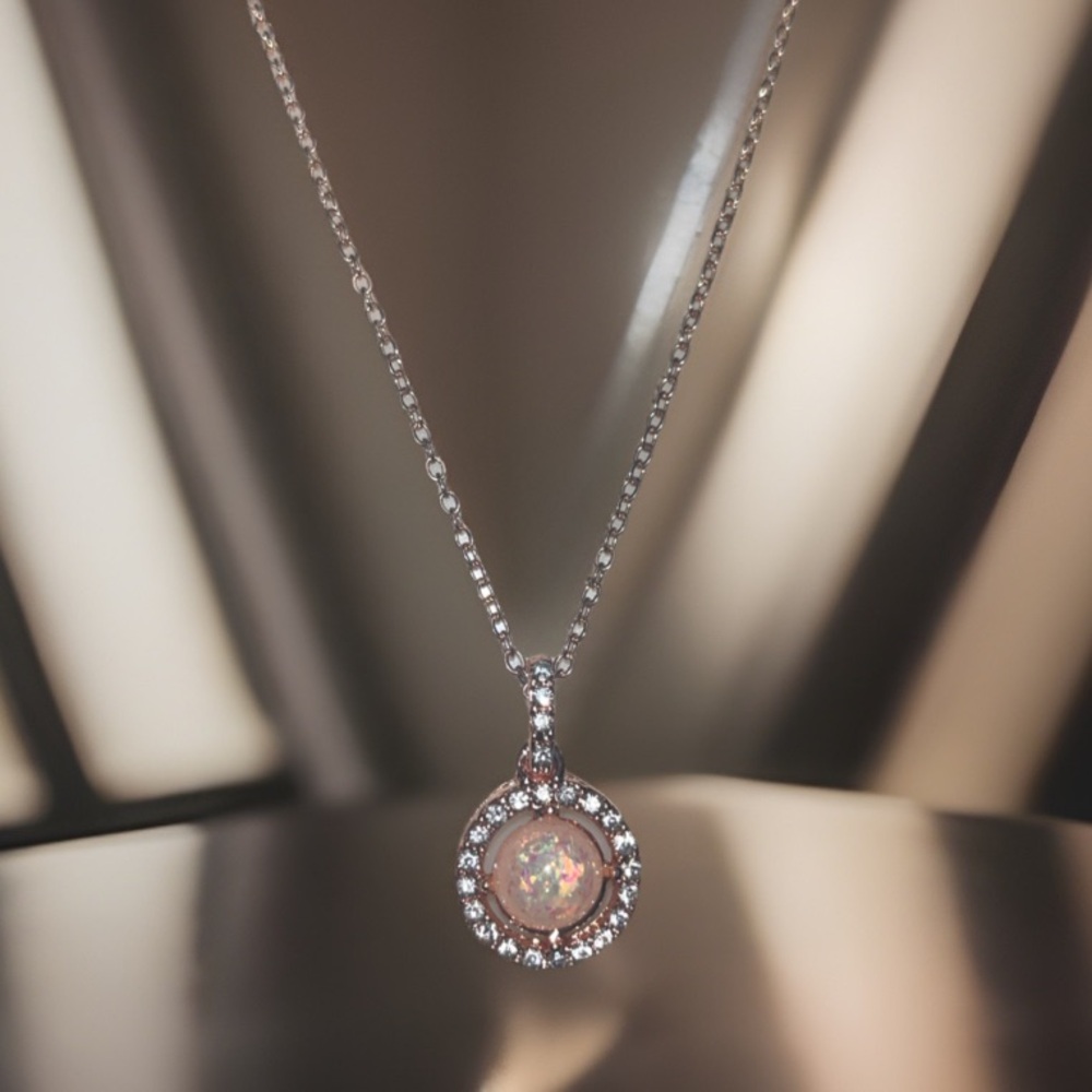 Rose Gold Necklace W/Pink Opal Circle W/ Diamonds Lining Pendant On Necklace